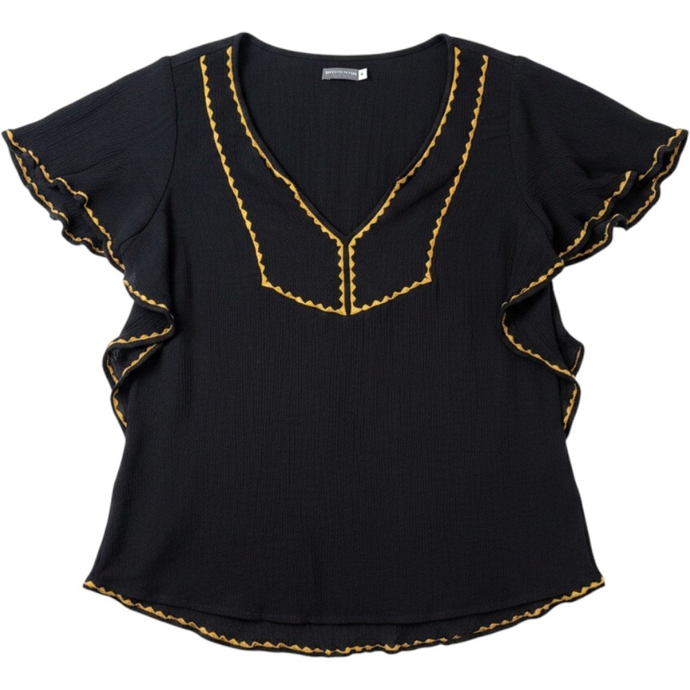 Earthbound Trading Co Navy Blue Ric Rac Embroidered Boho V-Neck Ruffle Blouse S